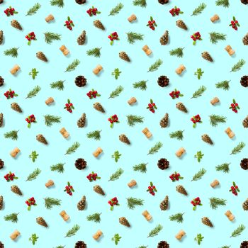 christmas seamless patterns with Pine cones wine cork and lingonberry. pattern christmas seamless on a blue backdrop. Realistic photo collage. Print for paper, fabric, wallpaper.