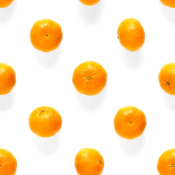 Fresh mandarin Seamles pattern. Ripe fruit tangerines seamless pattern. Fresh citrus isolated on white background pattern. Flat lay of Clementine. Mandarine modern tropical seamless background.