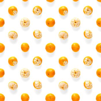 Fresh mandarin Seamles pattern. Ripe fruit tangerines seamless pattern. Fresh citrus isolated on white background pattern. Flat lay of Clementine. Mandarine modern tropical seamless background.