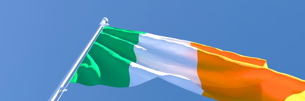 3D rendering of the national flag of Ireland waving in the wind against a blue sky