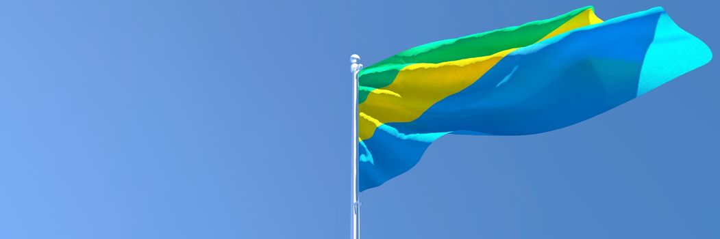 3D rendering of the national flag of Gabon waving in the wind against a blue sky.