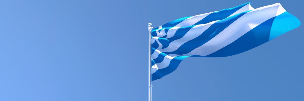 3D rendering of the national flag of Greece waving in the wind against a blue sky