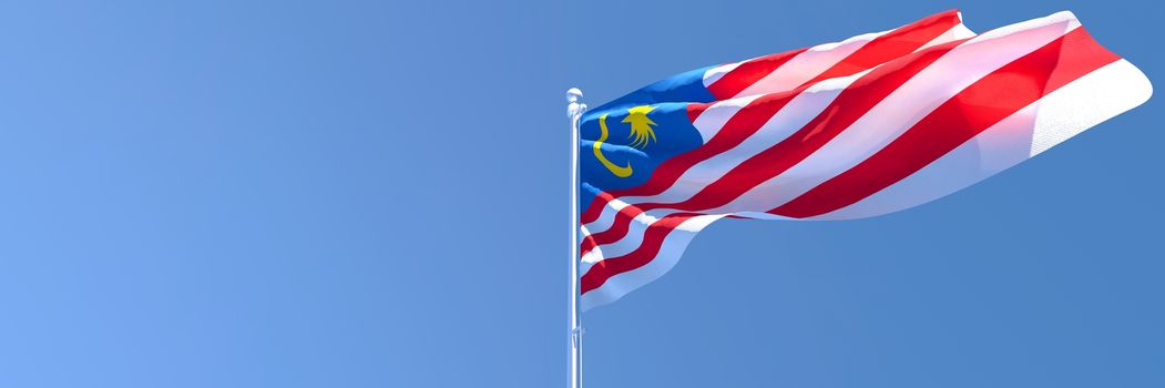 3D rendering of the national flag of Malaysia waving in the wind against a blue sky