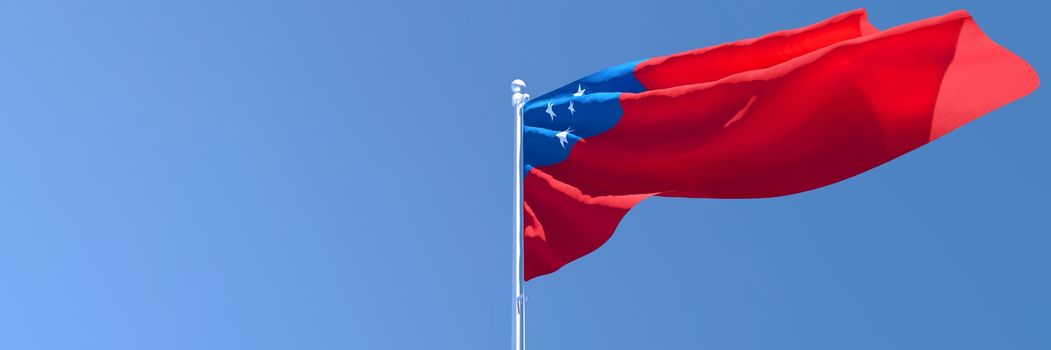 3D rendering of the national flag of Samoa waving in the wind against a blue sky