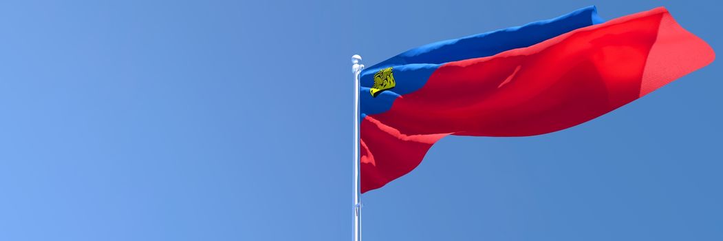 3D rendering of the national flag of Liechtenstein waving in the wind against a blue sky