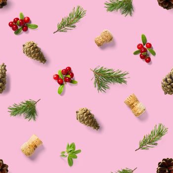 christmas seamless patterns with Pine cones wine cork and lingonberry. pattern christmas seamless on a pink backdrop. Realistic photo collage. Print for paper, fabric, wallpaper.