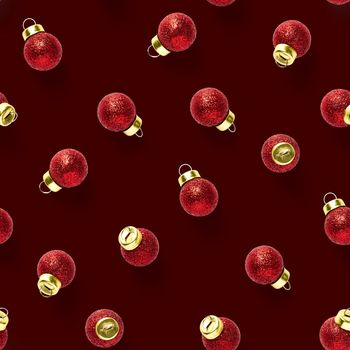 Seamless pattern with red Christmas decorations on red background. Christmas red ornaments Seamless pattern. Christmas abstract background made from balls.