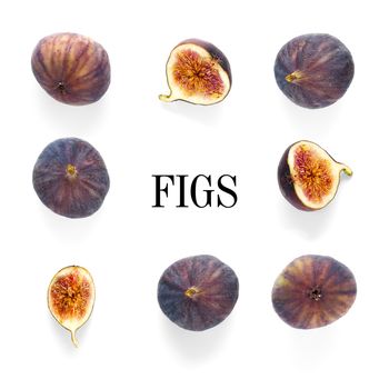 Creative layout of Fresh ripe figs. Food Photo. trendy modern collage of Fig with sample text. Figs on a white background with space for text copy space.