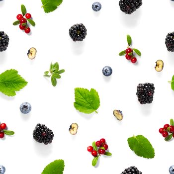 Creative seamless pattern of wild berries, blackberry, blueberry, lingonberry and bramble. modern seamless pattern on white backgriund made from autumn forest wild berries. Forest berries mix