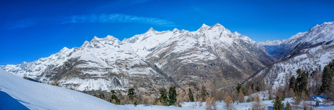 Panoramic beautiful view of snow mountain Matterhorn peak, Zermatt, Switzerland.