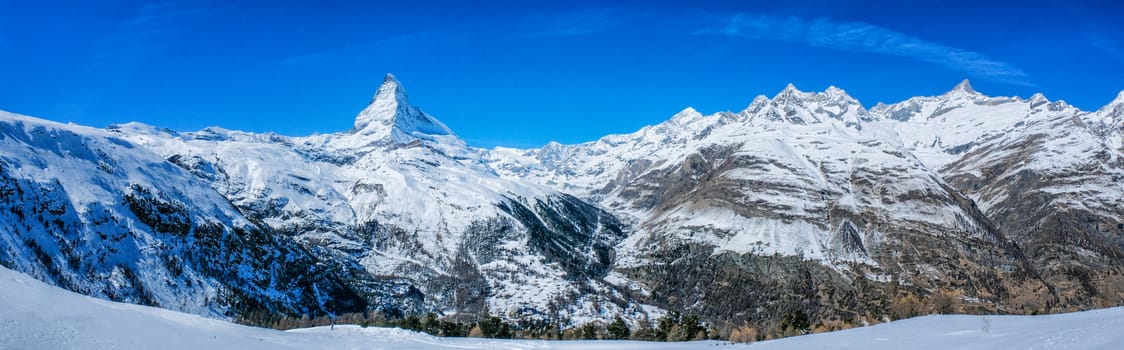 Panoramic beautiful view of snow mountain Matterhorn peak, Zermatt, Switzerland.