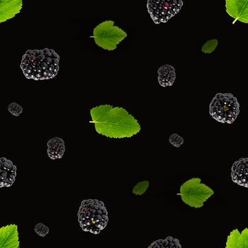 Falling Bramble Seamless pattern. Fresh Falling blackberry seamless pattern. Square pattern with fresh wild berries isolated on black background. flat lay.