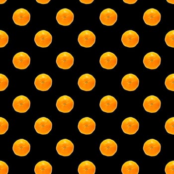 Fresh mandarin Seamles pattern. Ripe fruit tangerines seamless pattern. Fresh citrus isolated on black background pattern. Flat lay of Clementine. Mandarine modern tropical seamless background.