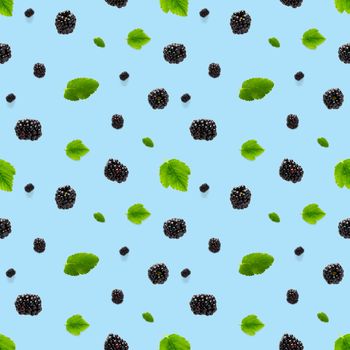 Falling Bramble Seamless pattern. Fresh Falling blackberry seamless pattern. Square pattern with fresh wild berries isolated on blue background. flat lay.