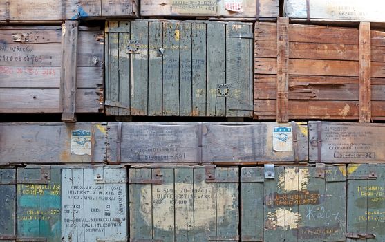 Overloon, the Netherlands on july 30, 2020: Stacks of old military ammunition boxes from WW2