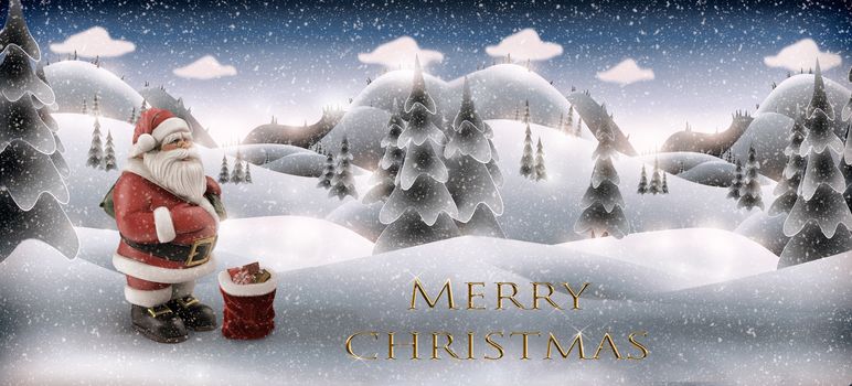 Beautiful Christmas card with a Christmas tree, Santa Claus and a bag of gifts. Dark blue background with snowflakes. Banner. Copy space
