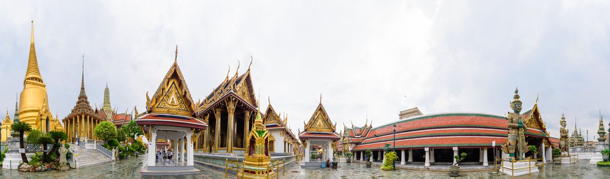 Bangkok, Thailand - 16 September, 2020: Panorama view of Wat Phra Kaew or name The Temple of the Emerald 

Buddha