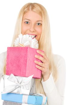 Cheerful blonde girl with gift boxes in Christmas, woman and presents in winter season for shopping sale and holiday brands