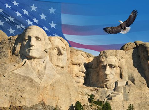 Mount Rushmore in South Dakota, U.S.A. with a bald eagle flying over and the American flag in the sky background.