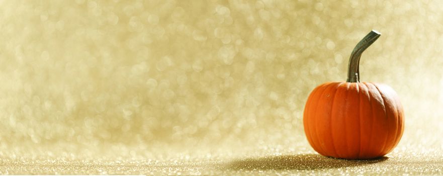 One Pumpkin on golden glittery background with bokeh lights and copy space