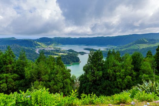 Picturesque view of the Lake of Sete Cidades, a volcanic crater lake on Sao Miguel island, Azores, Portugal