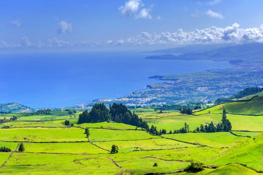 Beautiful landscape sceneries in Azores Portugal. Tropical nature in Sao Miguel Island, Azores.