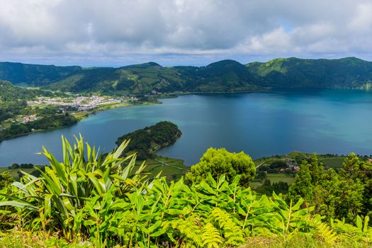 Picturesque view of the Lake of Sete Cidades, a volcanic crater lake on Sao Miguel island, Azores, Portugal