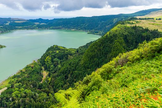 View of the Lake Furnas (Lagoa das Furnas) on Sao Miguel Island, Azores, Portugal from the Pico do Ferro scenic viewpoint.