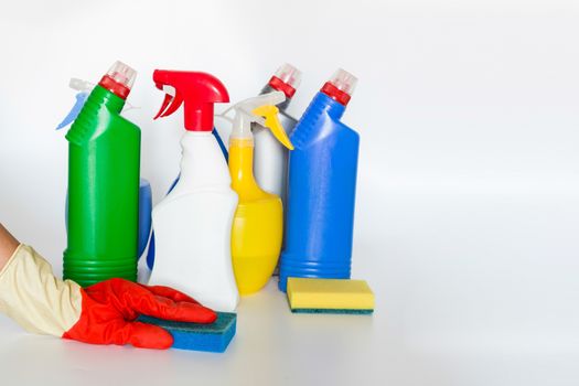 containers for household chemicals.Colorful plastic containers for household detergents, home chemistry.