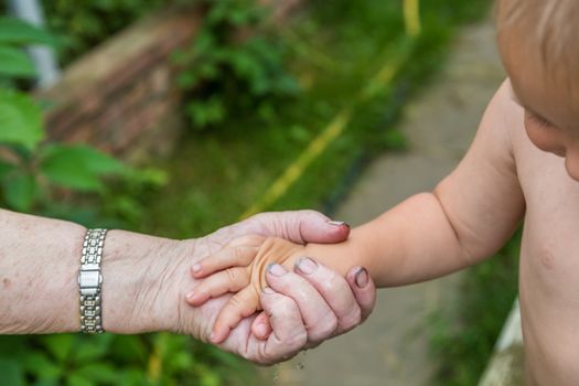 Close-up of tender gesture between two generations. Little boy holding hands with a senior lady.