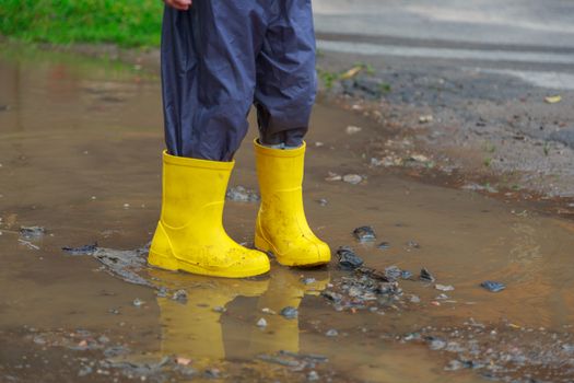 legs of child with yellow rubber boots jump in puddle on a summer walk