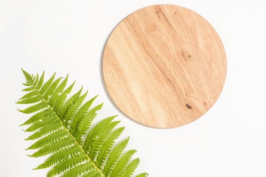 Bamboo Cutting Board with green leaf of fern on white background. Eco friendly housekeeping concept