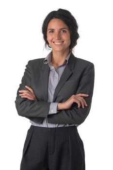 Portrait of young business woman with arms crossed studio isolated on white background