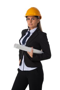 Portrait of female engeneer architect in yellow hardhat and business suit holding blueprint isolated on white background