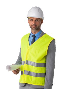 Portrait of male engeneer architect foreman in white hardhat and safety vest holding briefcase and blueprint isolated on white background