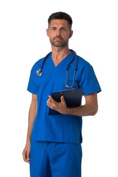 Portrait of male nurse in blue uniform with stethoscope and document folder isolated on white background