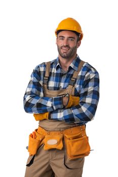 Portrait of contractor worker in coveralls and hardhat with arms crossed isolated on white background