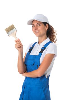 Portrait of female house painter with paint brush isolated on white background