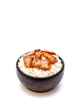 White rice with grilled pork in black bowl on white background, Rice from asia, Rice food of asian style