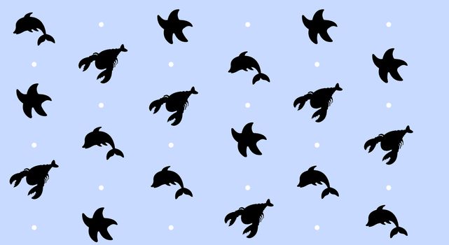 sea animal, dolphin, starfish and lobster pattern with background blue light. Cartoons that swim at the bottom of the sea. Marine vector endless texture