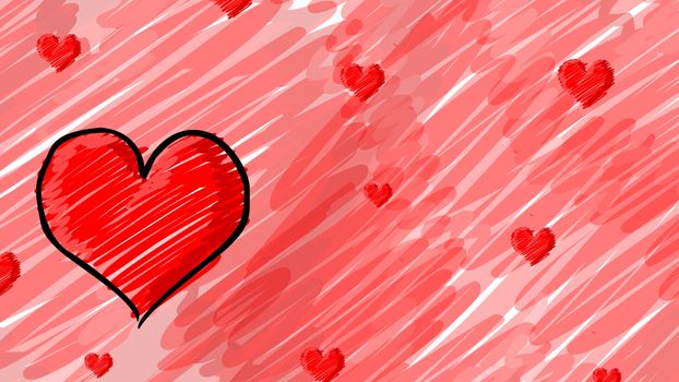 Background cartoon red heart, hand drawn sketch, doodle vector. red symbols drawn by brush, pen, ink, Isolated on white background. Cool trendy handdrawn set for logo, textile print, design