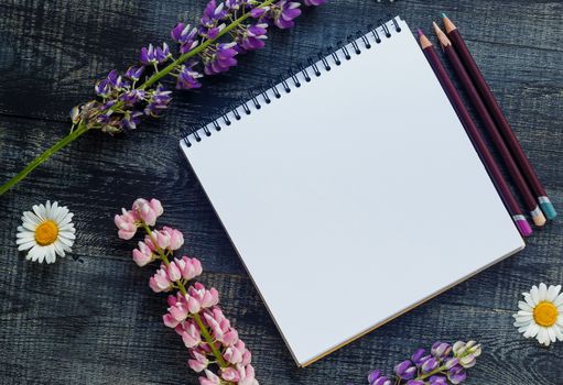 Still life, art, office supplies or education concept : Top view image of open notebook with blank pages on wooden background, ready for adding or mock up