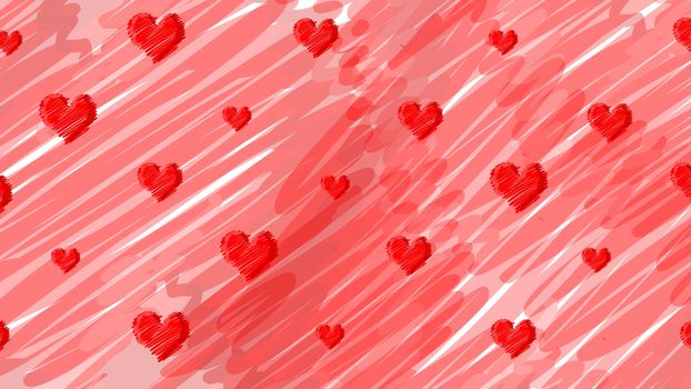 Background cartoon red heart, hand drawn sketch, doodle vector. red symbols drawn by brush, pen, ink, Isolated on white background. Cool trendy handdrawn set for logo, textile print, design