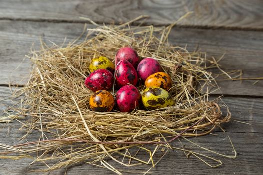 Painted easter eggs in a makeshift straw nest on a wooden background. Easter background
