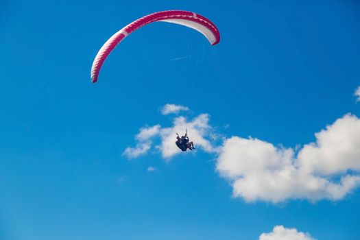 One tandem paraglider is flying in the blue sky against the background of clouds. Paragliding in the sky on a sunny day.