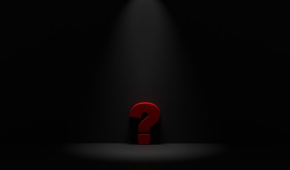 Question mark in dark room 3d render