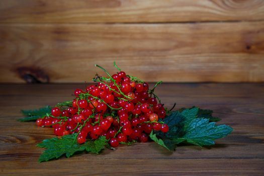 red currant berries on a rustic wooden background. close up and selective focus