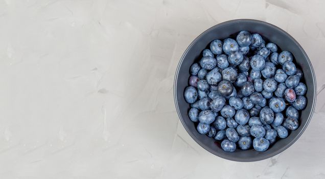 blueberry berry in dark gray ceramic bowl on gray concrete background