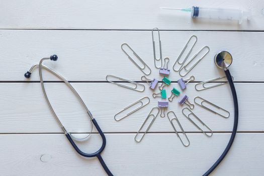 Abstract Coronavirus concept.Virus model using office supplies. Be healthy, stay at home, work at home.