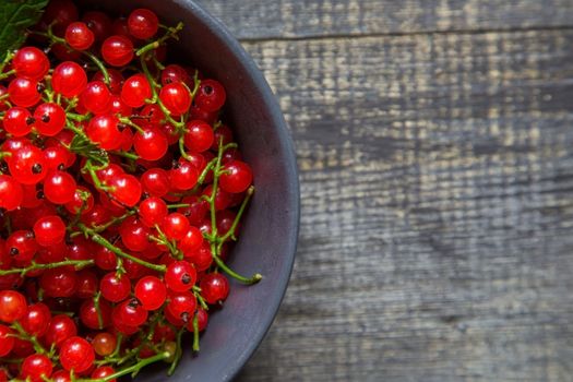 red currant berries in a ceramic bowl on a rustic wooden background. close up and selective focus